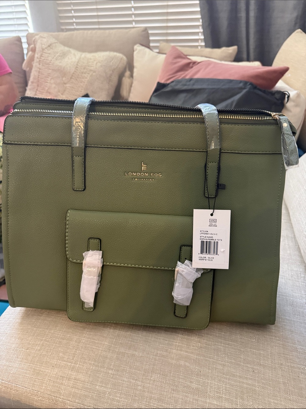 London Fog Olive Tote with Front Pocket